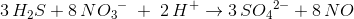 3\, H_{2}S+8\, N{O_{3}}^-\; +\; 2\, H^+\rightarrow 3\, S{O_{4}}^2^-+8\, NO