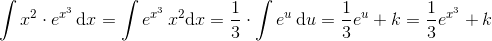 \! \! \! \! \! \! \! \! \! \! \! \! \! \! \! \! \! \! \! \! \! \! \! \! \! \! \! \! \! \! \! \! \! \! \! \! \! \! \! \! \! \! \! \! \! \! \! \! \! \! \! \! \! \int x^2\cdot e^{x^3}\, \textup{d}x= \int e^{x^3}\, x^2\textup{d}x=\frac{1}{3}\cdot \int e^u\, \textup{d}u=\frac{1}{3}e^u+k=\frac{1}{3}e^{x^3}+k