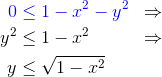 \begin{align*} \color{blue}0&\color{blue}\leq 1-x^2-y^2 \color{black}&\Rightarrow \\ y^2&\leq 1-x^2 &\Rightarrow\\ y&\leq \sqrt{1-x^2} \end{align*}