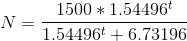 N=\frac{1500*1.54496^t}{1.54496^t+6.73196}