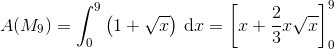 A(M_9)=\int_{0}^{9}\left ( 1+\sqrt{x} \right )\, \textup{d}x=\left [ x+\frac{2}{3}x\sqrt{x} \right ]_{0}^{9}