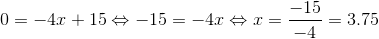 0=-4x+15\Leftrightarrow -15=-4x\Leftrightarrow x=\frac{-15}{-4}=3.75