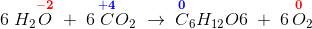 6\; H_2\overset{\mathbf{\color{Red} -2}}{O}\; +\; 6\, \overset{\mathbf{\color{Blue} +4}}{C}O_2\; \rightarrow \; \overset{\mathbf{\color{Blue} 0}}{C}_6H_{12}O6\; +\; 6\, \overset{\mathbf{\color{Red} 0}}{O}_2