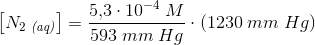 \left [ N_2\; _{\textit{(aq)}} \right ]=\frac{5{,}3\cdot 10^{-4}\; M}{593\; mm\; Hg}\cdot (1230\; mm\; Hg)