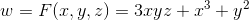 w=F(x,y,z)=3xyz+x^3+y^2