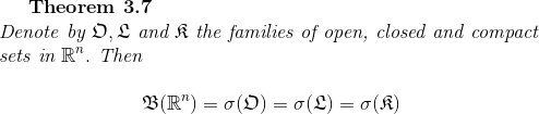 \textbf{Theorem 3.7}\\ \textit{Denote by }\mathfrak{O},\mathfrak{L}\textit{ and }\mathfrak{K}\textit{ the families of open, closed and compact}\\ \textit{sets in } \mathbb{R}^n.\textit{ Then}\\ \\ {\color{White} .}\ \ \ \ \ \ \ \ \ \ \ \ \ \ \ \ \ \ \ \ \ \mathfrak{B}(\mathbb{R}^n )=\sigma(\mathfrak{O})=\sigma(\mathfrak{L})=\sigma(\mathfrak{K})