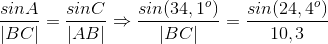 \frac{sinA}{|BC|}=\frac{sinC}{|AB|}\Rightarrow\frac{sin(34,1^{o})}{|BC|}=\frac{sin(24,4^{o})}{10,3}