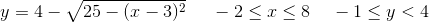y=4-\sqrt{25-(x-3)^2}\; \; \; \; \; -2\leq x\leq 8\; \; \; \; -1\leq y< 4