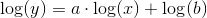 \log(y)= a\cdot \log(x)+\log( b)