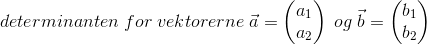 determinanten \; for\; vektorerne\; \vec{a}=\begin{pmatrix} a_1\\a_2 \end{pmatrix} \; og\; \vec{b}=\begin{pmatrix} b_1\\b_2 \end{pmatrix}