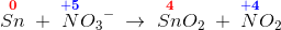 \overset{\mathbf{\color{Red} 0}}{Sn}\; +\; \overset{\mathbf{\color{Blue} +5}}{N}{O_3}^-\; \rightarrow \; \overset{\mathbf{\color{Red} 4}}{Sn}O_2\; +\; \overset{\mathbf{\color{Blue} +4}}{N}O_2