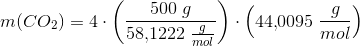 m(CO_2)=4\cdot \left (\frac{500\; g}{58{,}1222\; \frac{g}{mol}} \right )\cdot \left ( 44{,}0095\; \frac{g}{mol} \right )
