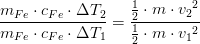 \frac{m_{Fe}\cdot c_{Fe}\cdot \Delta T_2}{m_{Fe}\cdot c_{Fe}\cdot \Delta T_1}=\frac{\tfrac{1}{2}\cdot m\cdot {v_2}^2}{\tfrac{1}{2}\cdot m\cdot {v_1}^2}