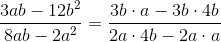\frac{3ab-12b^2}{8ab-2a^2}=\frac{3b\cdot a-3b\cdot 4b}{2a\cdot 4b-2a\cdot a}