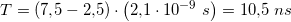 \small T=(7{,}5-2{,}5)\cdot \left ( 2{,}1\cdot 10^{-9} \; s\right )=10{,}5\; ns