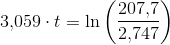 3{,}059\cdot t=\ln\left ( \frac{207{,}7}{2{,}747} \right )