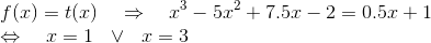 \\f(x)=t(x)~~~\Rightarrow~~~x^3-5x^2+7.5x-2=0.5x+1\\ \Leftrightarrow~~~x=1~~\lor~~x=3