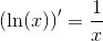 \left(\ln(x) \right )'=\frac{1}{x}
