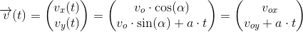 \overrightarrow{v}(t)=\begin{pmatrix} v_x(t)\\ v_y(t) \end{pmatrix}=\begin{pmatrix} v_o\cdot \cos(\alpha )\\ v_o\cdot \sin(\alpha )+a\cdot t \end{pmatrix}=\begin{pmatrix} v_{ox}\\ v_{oy}+a\cdot t \end{pmatrix}