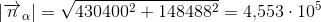 \left |\overrightarrow{n}_\alpha \right | =\sqrt{430400^2+148488^2}=4{,}553\cdot 10^5