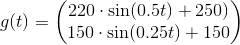 g(t) = \begin{pmatrix} 220 \cdot \sin(0.5t)+250) \\ 150\cdot \sin(0.25t)+150 \end{pmatrix}