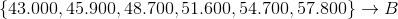 \{43.000,45.900,48.700,51.600,54.700,57.800\}\rightarrow B