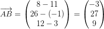 \overrightarrow{AB}=\begin{pmatrix} 8-11\\26-(-1) \\12-3 \end{pmatrix}=\begin{pmatrix} -3\\27 \\ 9 \end{pmatrix}