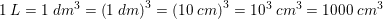 \small 1\: L=1\; dm^3=\left ( 1\; dm \right )^3=\left ( 10\; cm \right )^3=10^3\; cm^{3}=1000\; cm^3