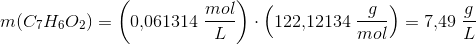m(C_7H_6O_2) =\left (0{,}061314\; \frac{mol}{L} \right )\cdot \left ( 122{,}12134\;\frac{ g}{mol} \right )=7{,}49\; \frac{g}{L}