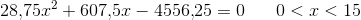 28{,}75x^2+607{,}5x-4556{,}25=0\; \; \; \; \; \; 0<x<15