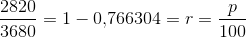 \frac{2820}{3680}=1-0{,}766304=r=\frac{p}{100}