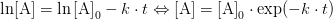\mathrm{\ln[A]}=\ln\mathrm{[A]}_{0}-k\cdot t\Leftrightarrow\mathrm{[A]}=\mathrm{[A]}_{0}\cdot\exp(-k\cdot t)