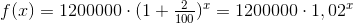 f(x)=1200000\cdot(1+\tfrac{2}{100})^x=1200000\cdot 1,02^x