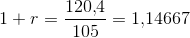 1+r=\frac{120{,}4}{105} = 1{,}14667