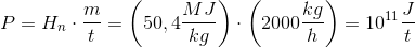 P=H_n\cdot \frac{m}{t}= \left (50,4 \frac{MJ}{kg} \right ) \cdot \left (2000 \frac{kg}{h} \right )=10^{11} \frac{J}{t}