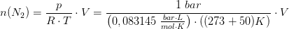 n(N_2)=\frac{p }{R\cdot T}\cdot V=\frac{1\; bar}{\left ( 0,083145\; \frac{bar\cdot L}{mol\cdot K} \right )\cdot ((273+50)K)}\cdot V