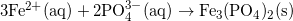 \small {\mathrm{3Fe^{2+}(aq)+2PO_{4}^{3-}(aq)\rightarrow Fe_{3}(PO_{4})_{2}(s)}