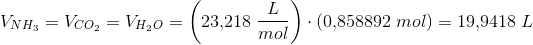 V_{NH_3}=V_{CO_2}=V_{H_2O}=\left ( 23{,}218\; \frac{L}{mol} \right )\cdot \left ( 0{,}858892\; mol \right )=19{,}9418\; L