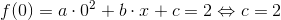 f(0)=a\cdot 0^2+b\cdot x+c=2\Leftrightarrow c=2