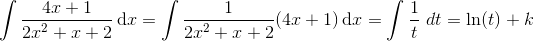\int\frac{4x+1}{2x^2+x+2}\, \textup{d}x=\int\frac{1}{2x^2+x+2}(4x+1)\, \textup{d}x=\int\frac{1}{t}\, \, dt=\ln(t)+k