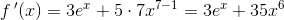 f{\, }'(x)=3e^x+5\cdot 7x^{7-1}=3e^x+35x^{6}