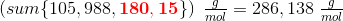 \left (sum\{105,988,{\color{Red} \mathbf{180,15}}\} \right )\; \tfrac{g}{mol}=286,138\; \tfrac{g}{mol}