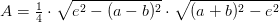 A=\tfrac{1}{4}\cdot \sqrt{e^2-(a-b)^2}\cdot \sqrt{(a+b)^2-e^2}
