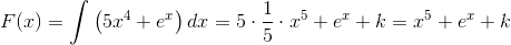 F(x)=\int \left (5x^4+e^x \right )dx=5\cdot \frac{1}{5}\cdot x^5+e^x+k=x^5+e^x+k