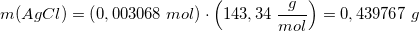 \small m(AgCl)=\left ( 0,003068\; mol \right )\cdot \left ( 143,34\; \frac{g}{mol} \right )=0,439767\; g