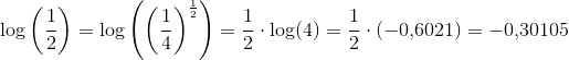 \log\left ( \frac{1}{2} \right )=\log\left(\left (\frac{1}{4} \right )^{\frac{1}{2}}\right)=\frac{1}{2}\cdot \log(4)=\frac{1}{2}\cdot (-0{,}6021)=-0{,}30105
