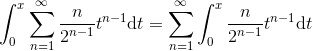 \int_{0}^x\sum_{n=1}^\infty\frac{n}{2^{n-1}}t^{n-1}\textup{d}t=\sum_{n=1}^\infty\int_{0}^x\frac{n}{2^{n-1}}t^{n-1}\textup{d}t