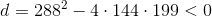 d=288^2-4\cdot 144\cdot 199<0