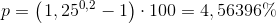 p=\left (\left 1,25^{0,2}-1 \right )\cdot 100=4,56396\%