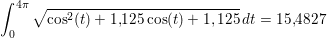 \small \int_{0}^{4\pi }\sqrt{ \cos^2(t) +1{,}125\cos(t)+1,125 }\, dt=15{,}4827